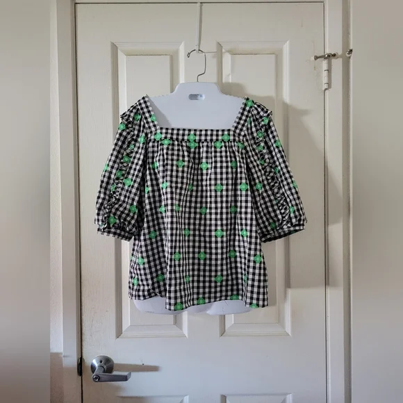 Kate Spade | NWOT Black/White Gingham Green Floral Embroidered Top - Picture 11 of 11